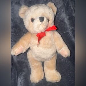 12”  Pacific Craft Soft Plush Tan Jointed Teddy Bear With Hard Eyes Red Ribbon